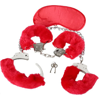 Red furry hand cuffs, ankle cuffs and blindfold